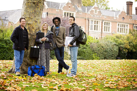 Students on campus in autumn